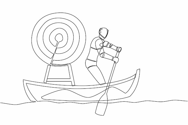 Single one line drawing standing smart robot in boat and sailing with arrow target board on sea