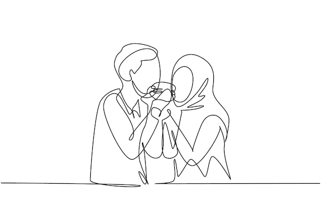Single one line drawing young Arabian couple sharing hamburger Celebrate wedding anniversaries
