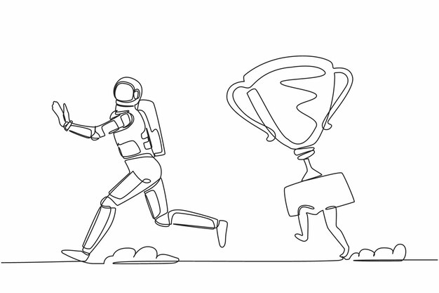 single one line drawing young astronaut being chased by trophy confused with spaceship business