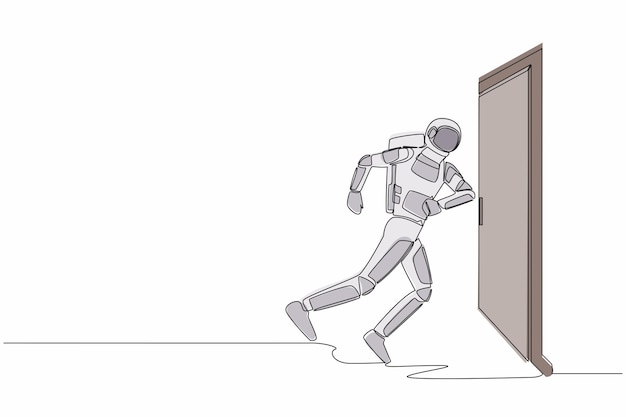 Single one line drawing young astronaut running wants to break down door Spaceship expedition