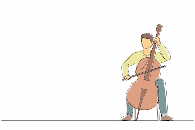 single one line drawing young male performer playing on contrabass cellist man playing cello