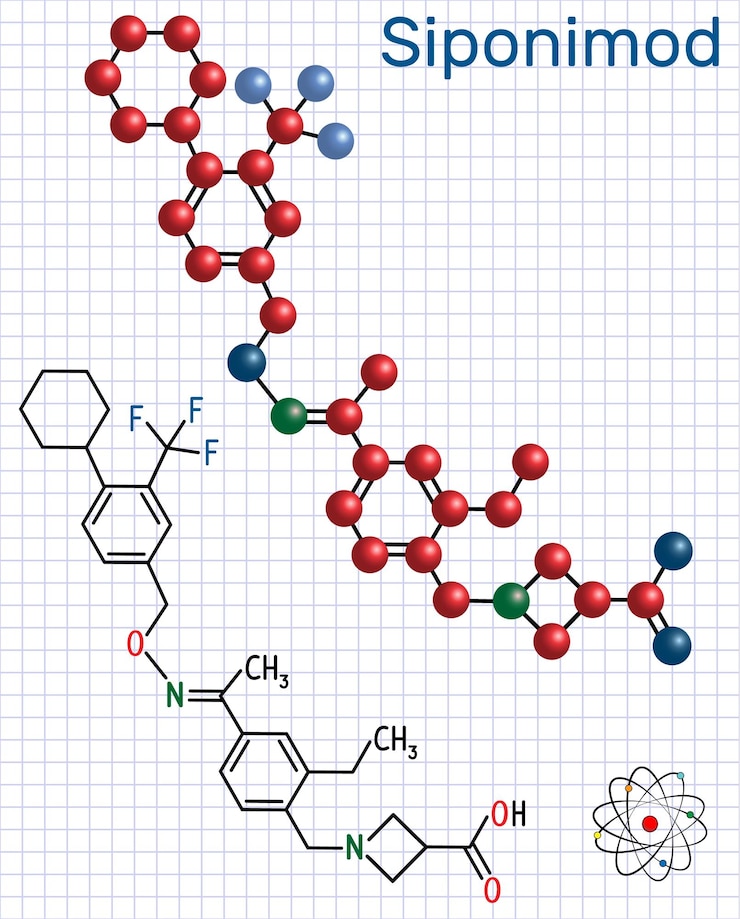 Vektör siponimod s1pr1 modulator molecule structural chemical formula and molecule model