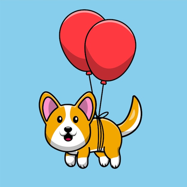 Şirin Corgi Köpeği Balonla Yüzüyor Çizgi Film Vektör İkon İllüstrasyonu