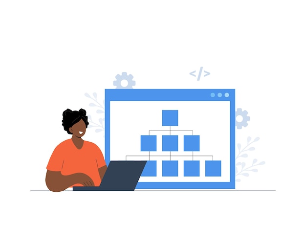 Sitemap creation Website optimization Web development and web page structure Build XML map with lists the URLs UX designer workflow African female developer Vector illustration in cartoon style
