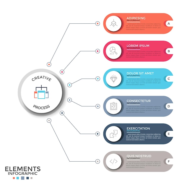 Six colorful rounded elements with linear signs and place for text inside connected by lines to paper white circle. Concept of 6 features of project. Infographic design layout. Vector illustration.