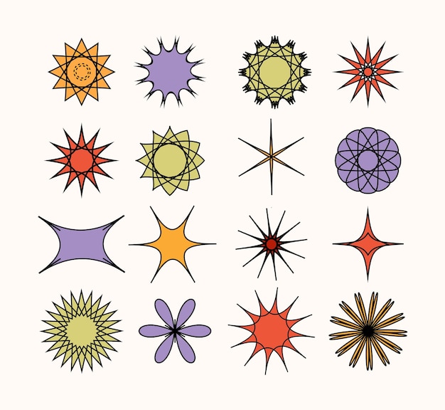 Sixteen vibrant geometric shapes in a colorful and decorative arrangement over a white background