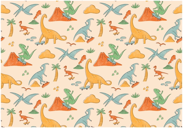 Skateboardåkande dinosaurier sömlöst mönster