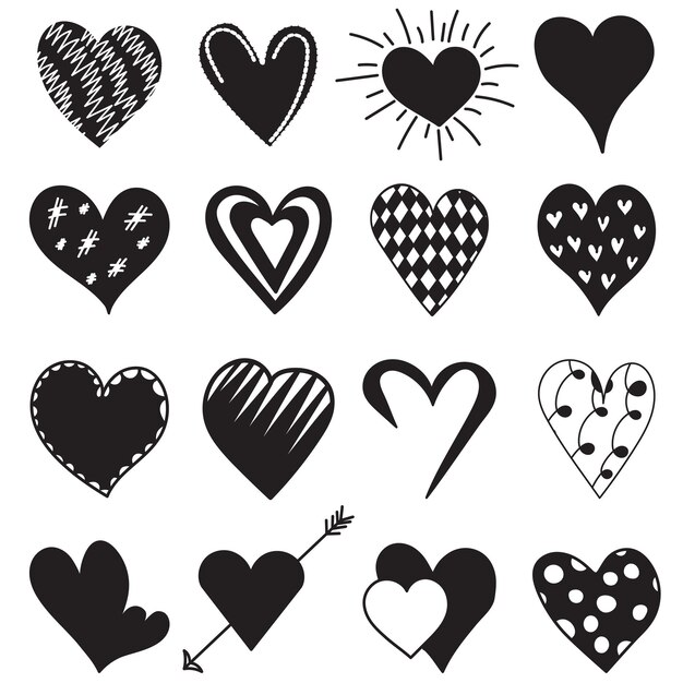 Sketch doodle contour line set of hearts isolated