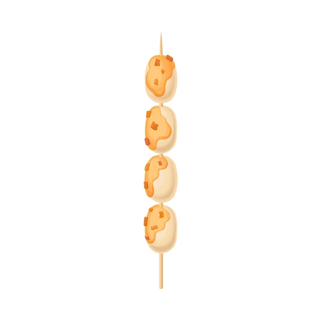 skewered hot and spicy snack with deep fried meatballs and sauce vector illustration