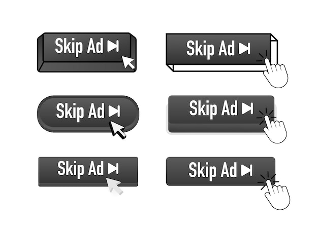 Skip Ad with pointer clicking Skip Ad web buttons set User interface element in flat style Vector