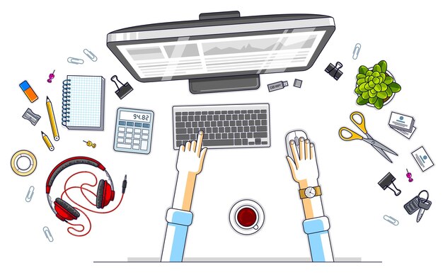 Skrivbord arbetsyta ovanifrån med händerna på kontorsarbetare eller entreprenör, PC-dator och många olika pappersvaror på bordet. Alla element är lätta att använda separat. Vektor.