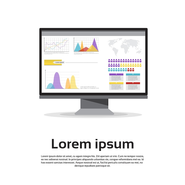 Skrivbordsmonitor Arbetsstation Graf Set Finans Diagram Infografik Finansiell Diagram Vektorillustration