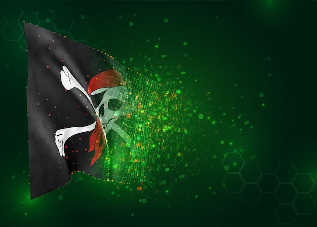 Skull with pirate bones 3d flag on green background with polygons
