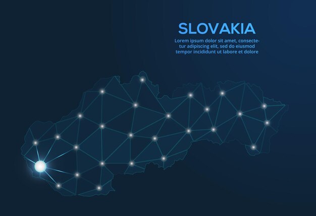 Slovakia communication network map Vector low poly image of a global map with lights in the form of cities Map in the form of a constellation mute and stars