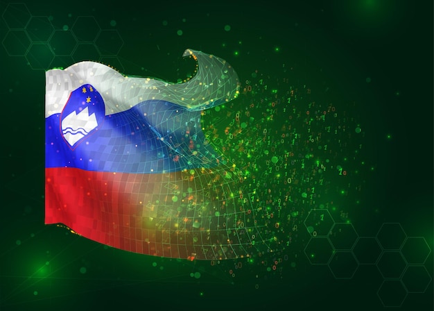 Slovenia on vector 3d flag on green background with polygons and data numbers