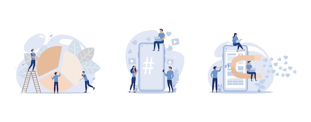 små mennesker som puslespil puslespil samler infografik, telefon med hashtag-tegn, stor magnet