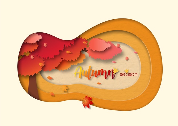 Small maple tree in Autumn and blowing leaves down in paper cut design and vector design