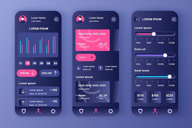smart banking unique neomorphic  kit. financial app for credit card balance, analytics and payment limits settings. online bank account ui, ux template set. gui for responsive mobile application