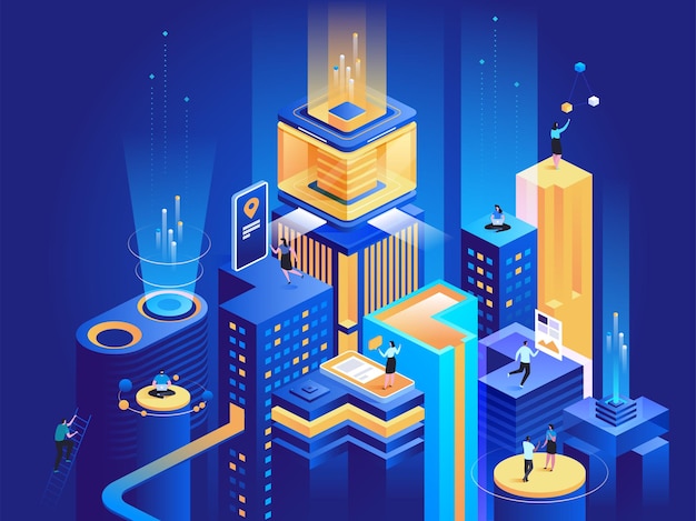 Smart business platform isometric illustration. Businessmen and businesswomen working with laptops, analyzing charts 3D cartoon characters. Virtual city, futuristic technology dark blue concept