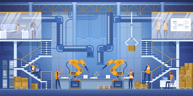 Smart factory interior with robotic arms, workers and engeneers