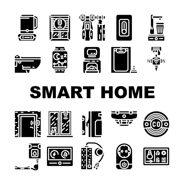 smart home control icons set vector technology network wireless digital internet app house iot device remote smart home control glyph pictogram Illustrations