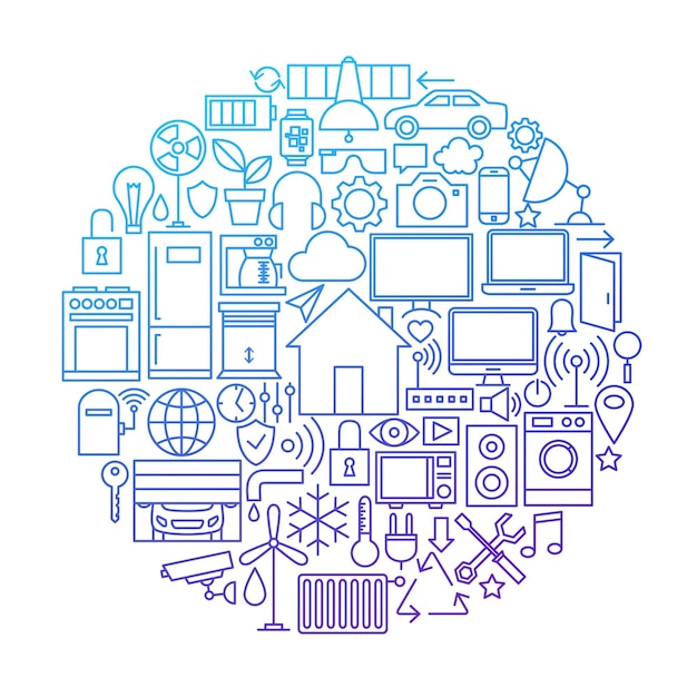 Smart House Line Ikon Cirkel Design. Vektorillustration af Hjemmeteknologi Objekter.