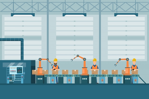 smart industrial factory in a flat style with workers, robots and assembly line packing