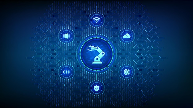 Smart Industry 40 Robotic hand Factory automation Circuit board connections and Industry icons