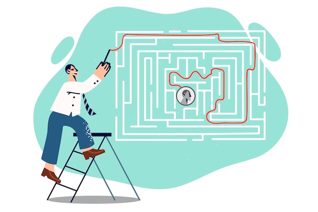 Smart man finds way out of maze for concept of finding solution when moving up career ladder