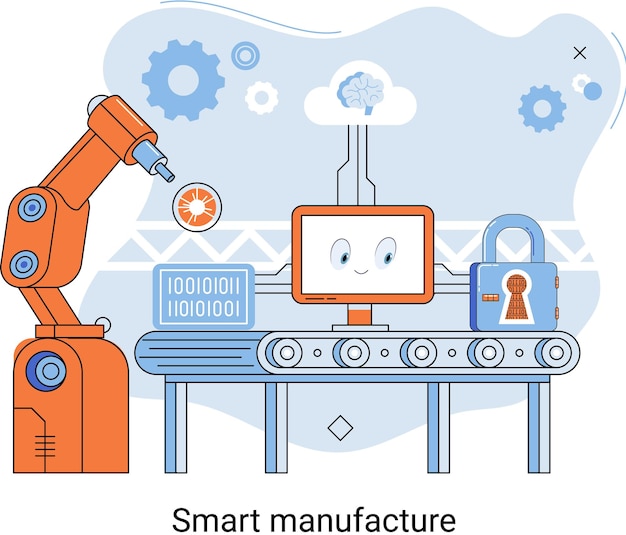 smart manufacture metaphor with automated production line innovative contemporary smart industry product design delivery and distribution with people robots and machinery conveyor assembly line