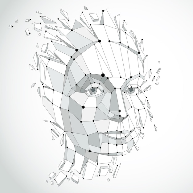 Smart person and mind concept, human head exploding and breaks into multiple fractures.3d vector illustration of thoughtful woman face created in low poly modernized style and with lines mesh.