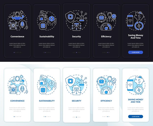 Smart technologies pros night and day mode onboarding mobile app screen Walkthrough 5 steps graphic instructions pages with linear concepts UI UX GUI template Myriad ProBold Regular fonts used