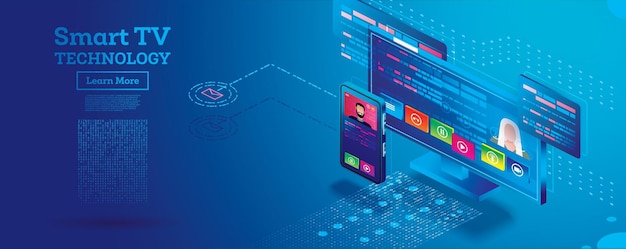 Smart TV Technology Isometric Concept Remote Control from Smartphone