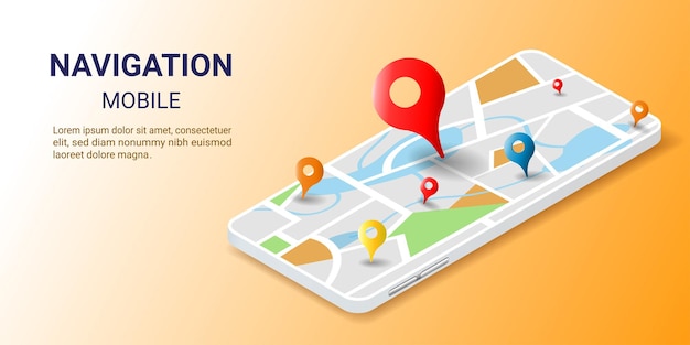 Smartphone App search map navigation Maps and navigation online with pointer Marker Location road and buildings on mobile World Map Isometric smart city concept 3d vector illustration