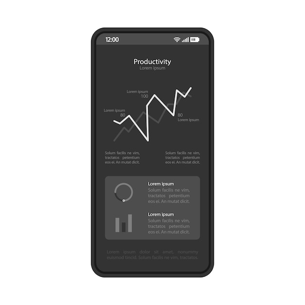 Smartphone dashboard interface vector template Mobile productivity page black design layout Statistics screen Flat application UI Data analysis app Phone display with analytics diagram