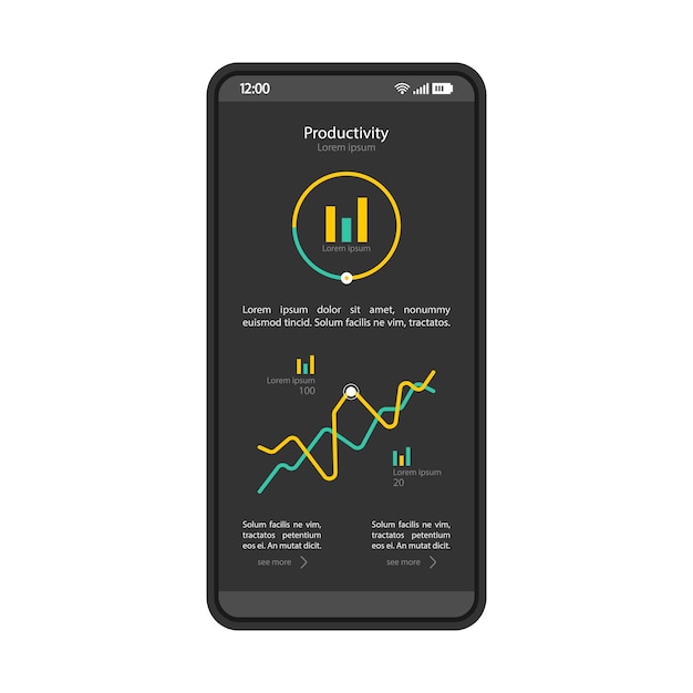 Smartphone dashboard interface vector template Mobile productivity page black design layout Statistics screen Flat application UI Data analysis app Phone display with analytics diagram