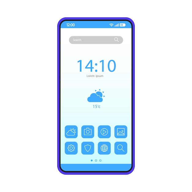 Smartphone home screen vector template. Mobile interface blue design layout. Cellphone desktop settings. Flat UI. Navigation screen. Phone display with app icons and buttons