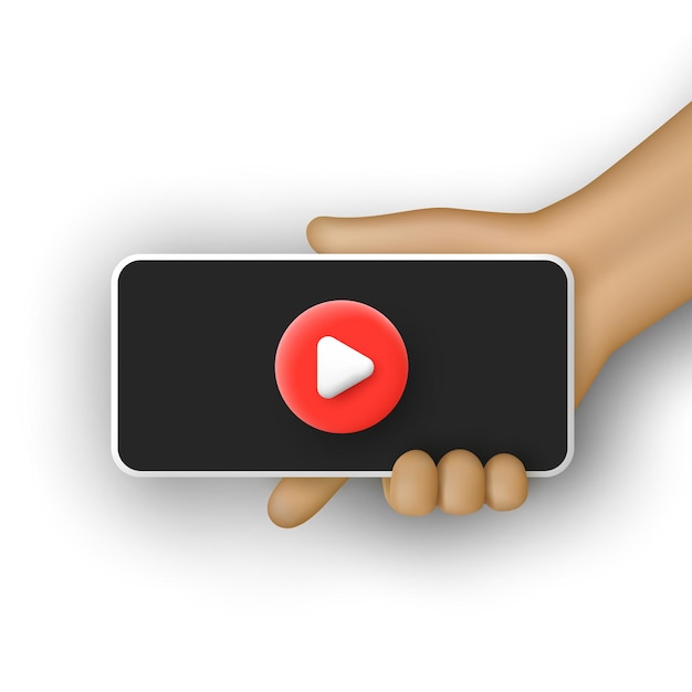 Smartphone in hand with round play button in minimal 3D cartoon style Vector illustration