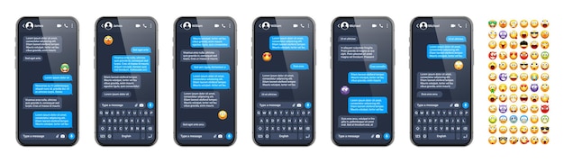 Smartphone messaging app user interface with emoji sms text frame chat screen blue message bubbles