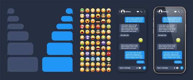 Smartphone messaging app user interface with emoji sms text frame chat screen blue message bubbles