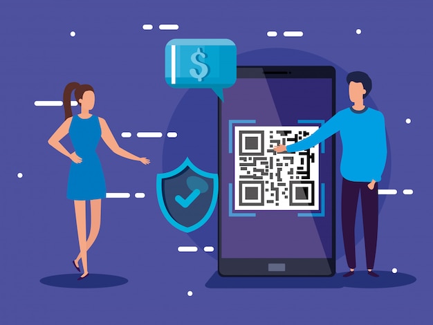 Smartphone scan code qr with business people  vector illustration design