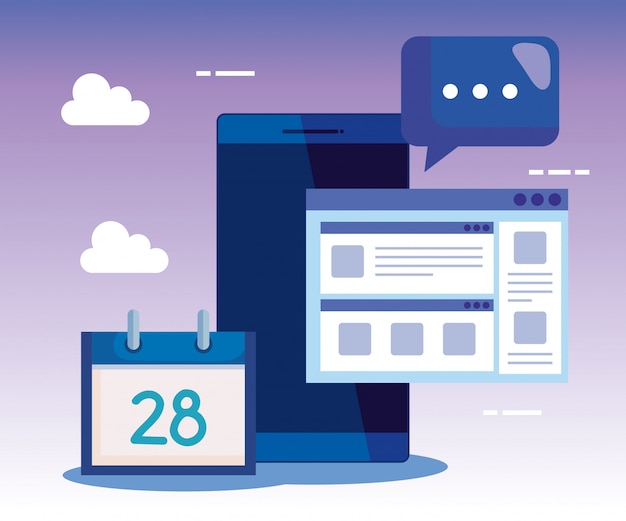 smartphone technology with calendar and chat bubble with website