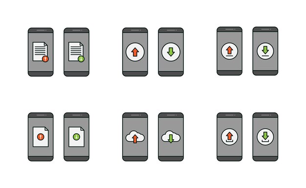 Smartphone upload and download vector design cloud document arrow upload and download vector set