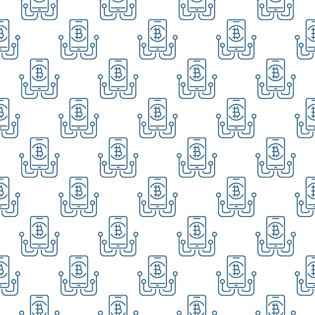 Smartphone with Bitcoin Sign vector Blockchain seamless pattern in thin line style