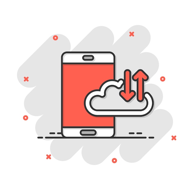 Smartphone with cloud icon in comic style Phone network storage cartoon vector illustration on white isolated background Online backup splash effect business concept