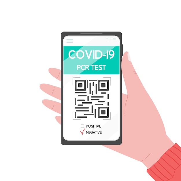 smartphone with coronavirus pcr test results and qr code