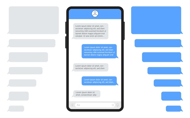 Smartphone with messenger chat on screen Template of blue and gray message bubbles Vector illustration