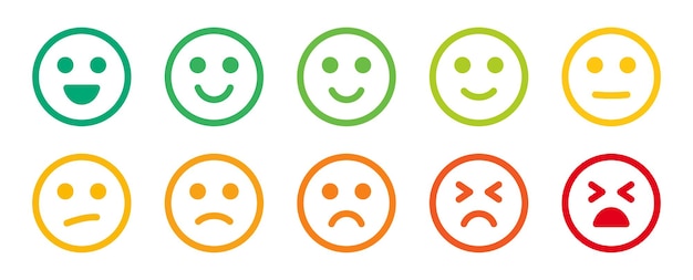 Smiley emoticon outline vector icon set. Emotion from happy to sad face expression illustration.