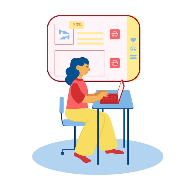 Smiling cartoon girl chooses shoes with discount on site on laptop. Online shopping. E commerce concept. Customers visit internet market. Vector flat style illustration