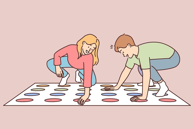 Smiling children play twister at home